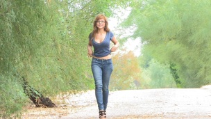 Redhead chick in glasses and jeans carry the to flaunt her nice ass and natural tits in public