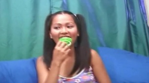 Asian sugar-plum gal shows her hairy lubricious hole