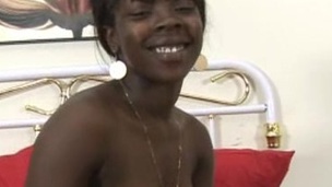Ebony playgirl with small tits sucking white cock and whacking big handjob